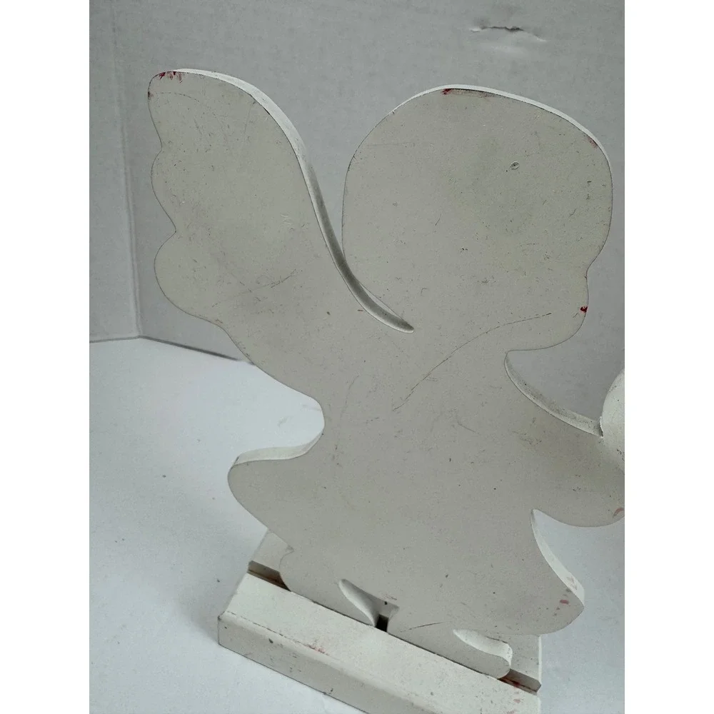 Vintage White Wooden Angel Taper Candle Holder Folk Art Christmas Decor 8.5 Inch